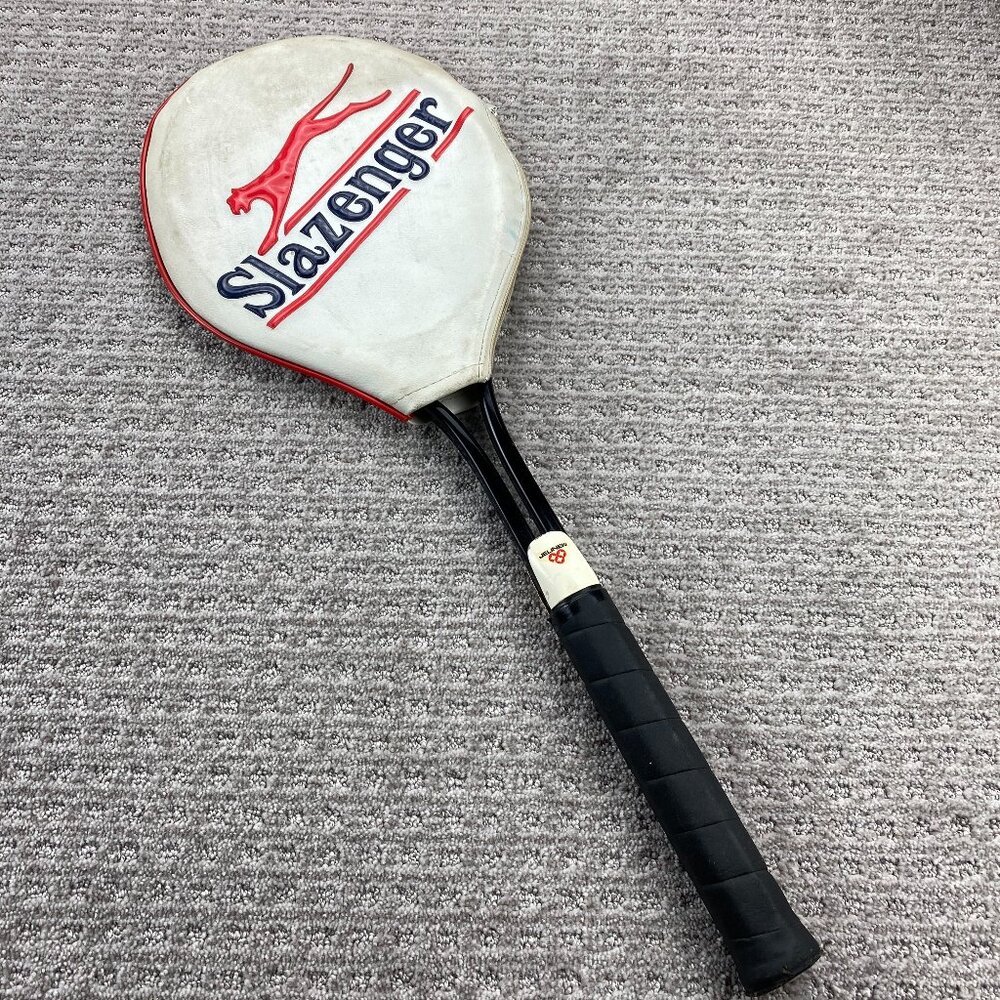 Vintage Slazenger Tennis Racket JELINEK 4 1/2 L Metal Black with Cover Hong Kong